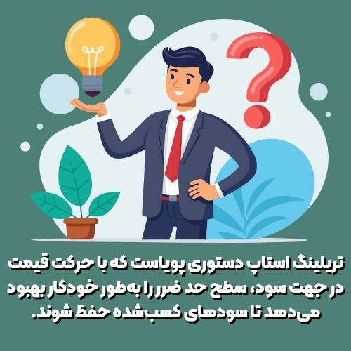 تریلینگ استاپ دستوری پویاست که با حرکت قیمت در جهت سود، سطح حد ضرر را به‌طور خودکار بهبود می‌دهد تا سودهای کسب‌شده حفظ شوند.